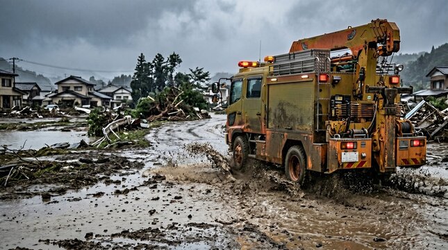 豪雨災害の被災地を進む特殊救助車両と泥濘の道路