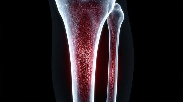 Anatomically detailed visualization of human tibia and fibula bones showing internal porous structure with glowing illumination, perfect for scientific education, medical research, or healthcare.