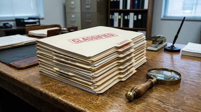 A stack of manila folders labeled as classified, rests on an antique wooden desk in a dimly lit office environment, creating a sense of professional mystery and historical government investigation.