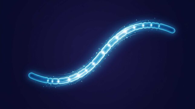 A single luminous cerulean microorganism floating in dark space, featuring a cinematic widescreen composition that highlights its glowing segmented body and ethereal energy particles throughout.