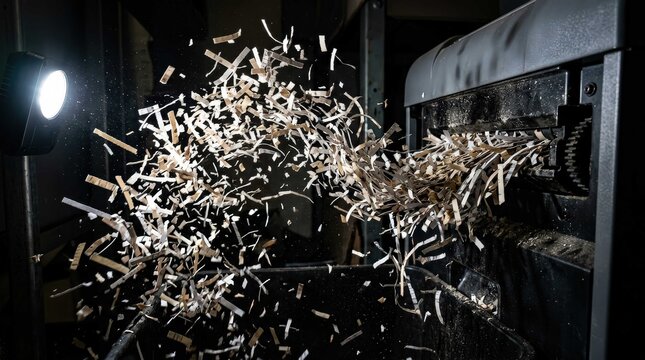 High speed capture of shredded paper fragments flying out of an industrial paper shredder machine, creating a dynamic and chaotic motion blur effect in a dimly lit office workspace environment.