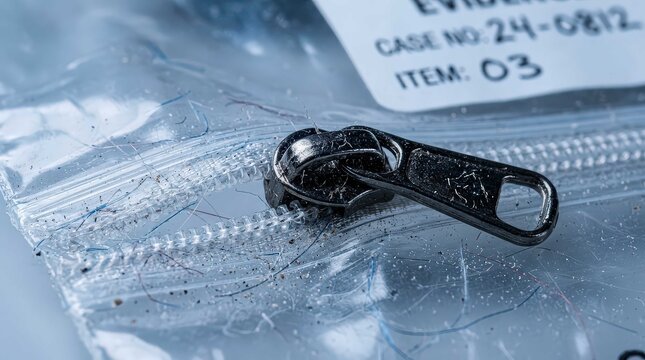 Macro cinematic shot of a forensic evidence plastic bag with a zipper slider and label, depicting a professional crime scene investigation process in a detailed widescreen composition format.