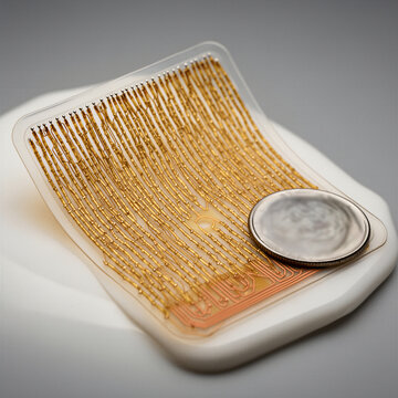 Microscopic view of an ultra-thin flexible brain-computer interface (BCI) electrode array concept with gold wiring on a custom ceramic stand, with an AI-generated coin providing scale.