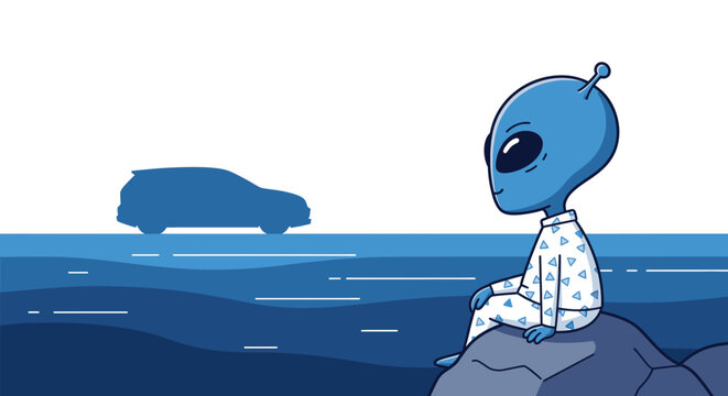 Blue Alien Sitting on Rock Outdoors.