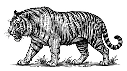 Fototapeta premium Majestic Tiger Illustration - Fierce Predator in Detailed Black and White Line Art