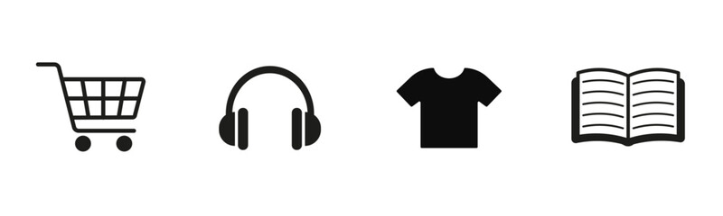 Naklejka premium Commerce and lifestyle icon set. Collection of shopping cart, headphones, t shirt, and open user manual symbols representing online shopping, music, fashion, education, retail, and digital lifestyle. 