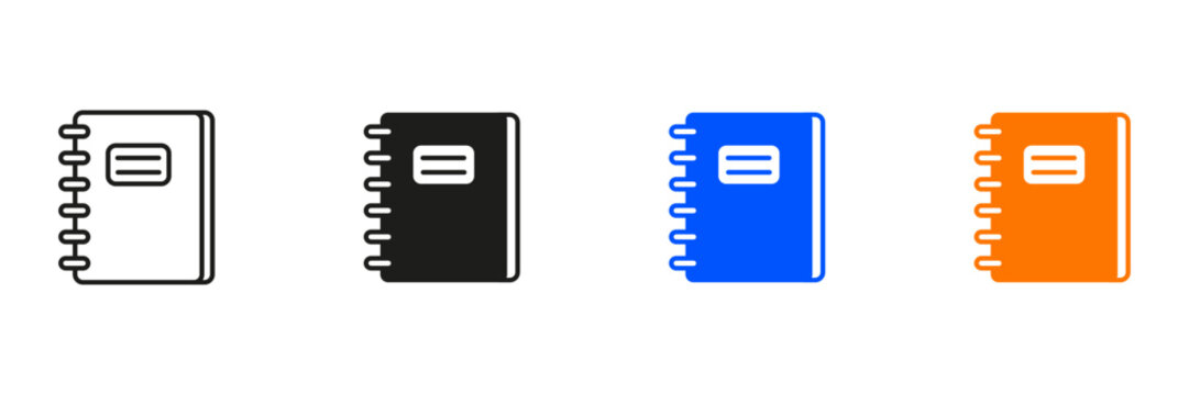 Notebook icon set. Collection of spiral notebook, memo pad, and notepad symbols representing note taking, business documentation, education, office supplies, and personal organization.