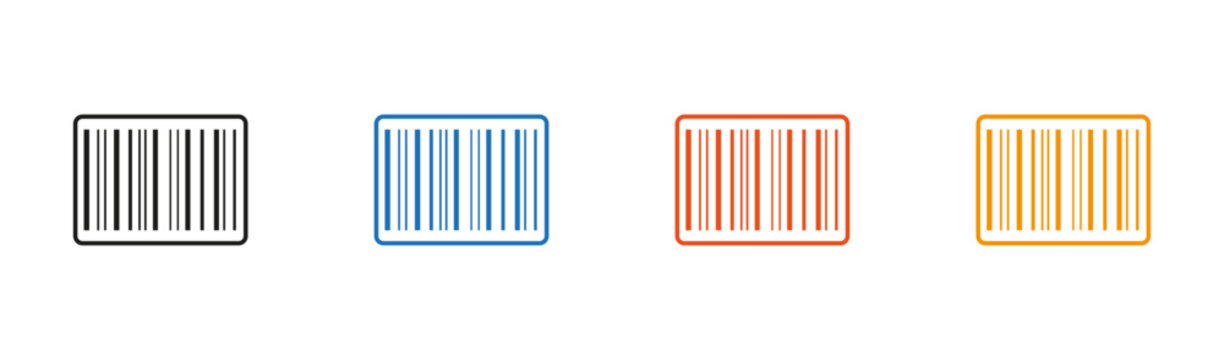 Barcode icon set. Colored barcode scan symbols representing product identification, inventory management, retail checkout, logistics tracking, and point of sale systems. Commerce pictograms.