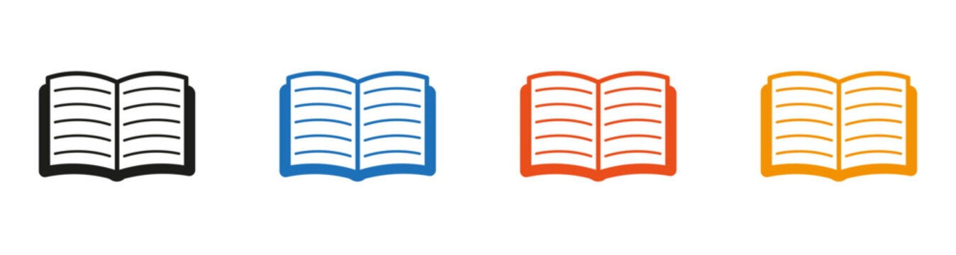 Open book manual icon set with outline and solid styles for user guide, documentation, education, knowledge base, and library. Vector collection