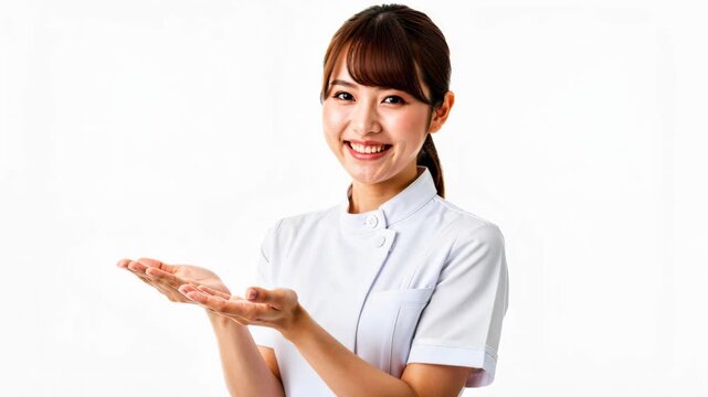 Caring Hands: A friendly nurse, wearing a white uniform, offers a warm smile and open hands, embodying compassion and helpfulness in a medical setting.