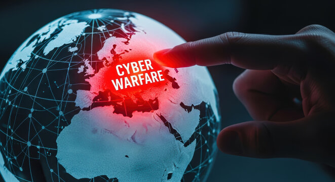 Cybersecurity threats highlight risks of cyber warfare in enterprise world with glowing red focus on global digital conflict zones