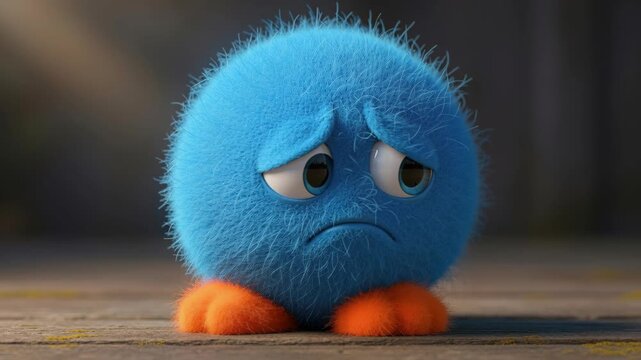 Sad Blue Furball: A fluffy, blue, cartoon creature with orange feet sits alone, looking down with sad eyes, conveying a feeling of melancholy and loneliness.
