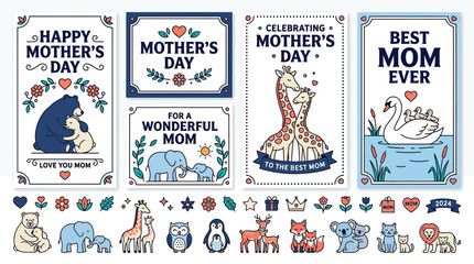 Mother's Day Cards with Cute Animals: Bears, Giraffes, Elephants, Swans, Foxes, Koalas © anis