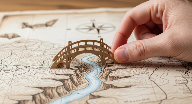Creative skill gap analysis concept showing hand placing paper bridge over river on map symbolizing connection and problem solving