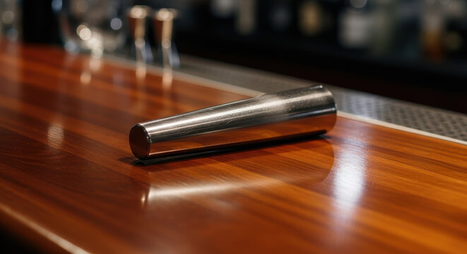 Metal cocktail muddler on wooden bar counter with staffing shortages affecting bartender service and drink preparation