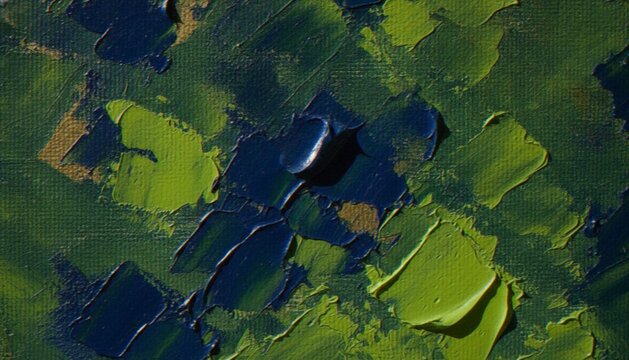 A close-up view of an oil painting on canvas showing thick, impasto brushstrokes in vibrant shades of blue and lime green.