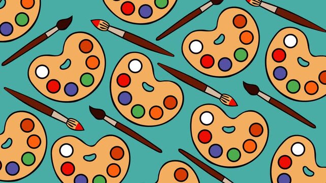 Playful repeating pattern of paint palettes and brushes on a turquoise background. Bright creative supplies create a cheerful visual for education, hobbies, children, and artistic themes.