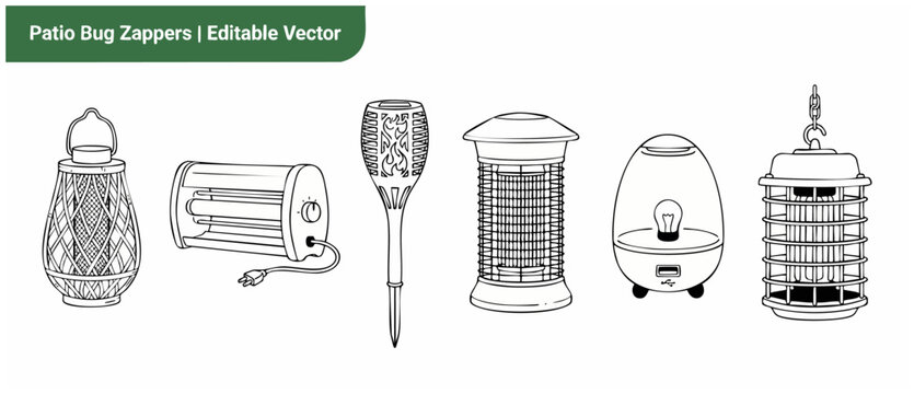 Patio bug zapper vector icons of mosquito killer lamp and fly insect repeller light outline set for backyard protection, electrical pest control device, outdoor yard line art graphic illustrations set