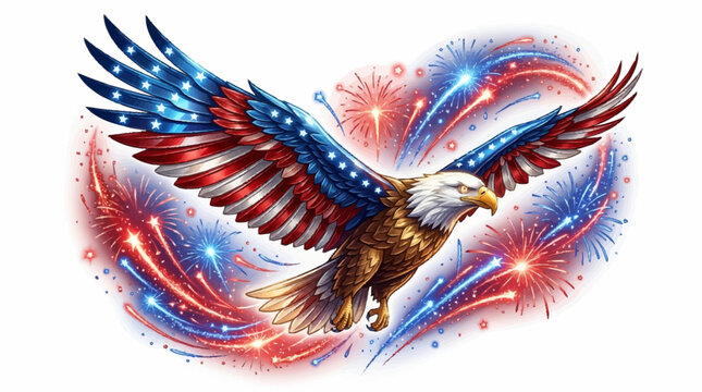 Patriotic eagle soars amidst vibrant fireworks celebrating USA's independence day on 4 July with stars and rockets.