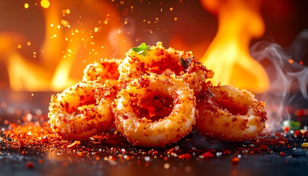 Spicy fried calamari with colorful seasonings.