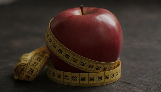 A close-up shot of a single fresh red apple wrapped with a yellow measuring tape on a dark stone background, symbolizing healthy eating, dieting, and weight management.