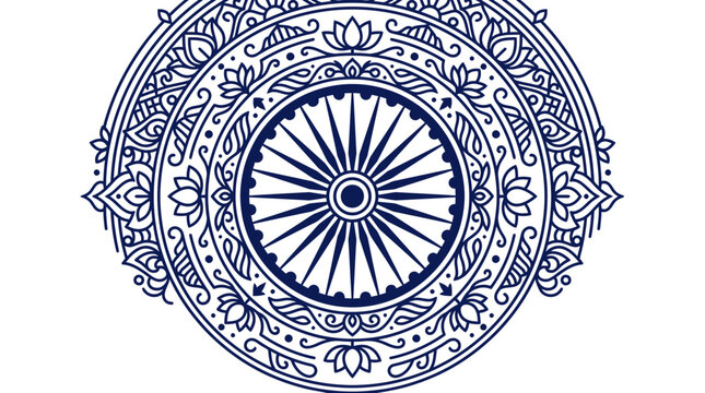 Intricate Blue Mandala with Chakra Wheel Motif on White Background