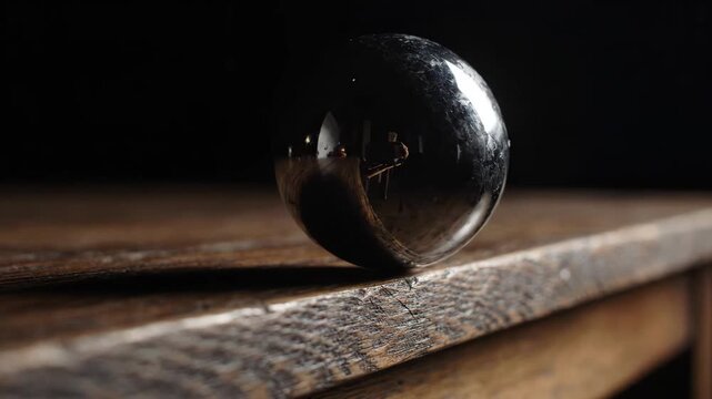 Glass sphere reflective wooden table dark background moody lighting close up smooth surface round shape interior minimalistic mysterious elegant artistic reflective metal sphere rustic wooden table
