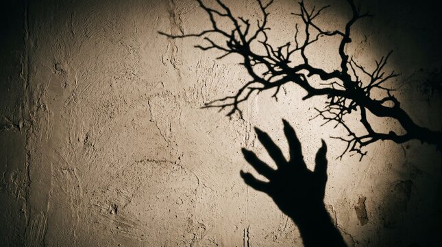 Spooky Halloween Shadow of a Clawed Hand and Bare Tree Branches on a Textured Wall