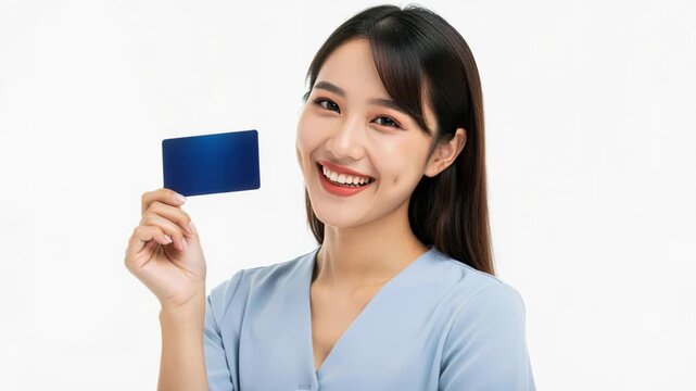Smiling Woman with Blue Card: A young Asian woman with a bright smile and dimples holds up a blank blue card, representing financial freedom and easy payment.