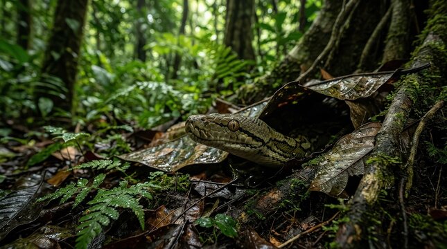 A Majestic Python Emerges from Lush, Damp Forest Undergrowth, Showcasing Its Intricate Scales and Keen Gaze
