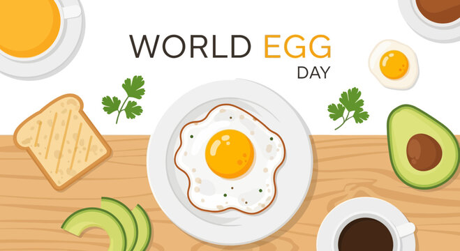 A top down view of a breakfast table featuring a fried egg on a plate with toast and avocado.