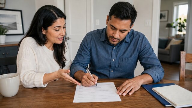 Hispanic woman and man signing document together at home table. Couple discussing and filling out contract or financial agreement. Loan mortgage application or legal paperwork processing