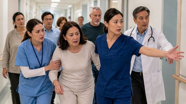 Medical team evacuating patients during emergency in hospital hallway. Doctor and nurse helping elderly woman to safety. Urgent evacuation plan, crisis management and healthcare safety