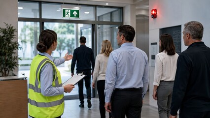 Obraz na płótnie Canvas Female fire warden in a reflective vest guiding a group of office workers toward the exit during an emergency evacuation drill. Safety training and workplace protocol concept