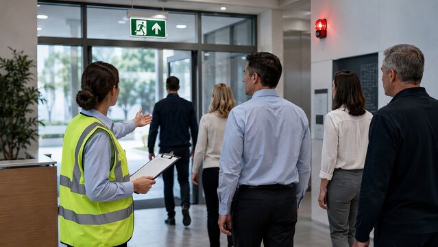 Female fire warden in a reflective vest guiding a group of office workers toward the exit during an emergency evacuation drill. Safety training and workplace protocol concept
