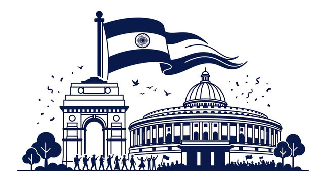 India's Parliament Building and India Gate with Waving Flag, Republic Day Celebration