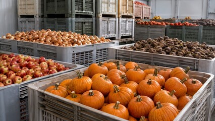 Obraz premium Vegetables in plastic crates stored in agricultural warehouse. Autumn harvest of pumpkins, apples, onions and beets ready for distribution. Wholesale food logistics and storage