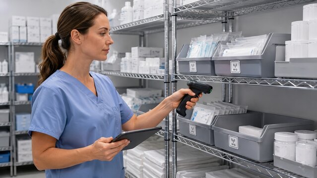Woman healthcare worker using barcode scanner to track medical supplies in hospital warehouse. Inventory management system with RFID technology for efficient pharmaceutical stock tracking