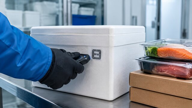 Worker scanning rfid tag on styrofoam container for cold chain food logistics. Employee tracking refrigerated parcel with reader device in warehouse for inventory management and safety