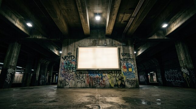 Illuminated Blank Commercial Lightbox Display Surrounded by Vibrant Graffiti in an Urban Underpass