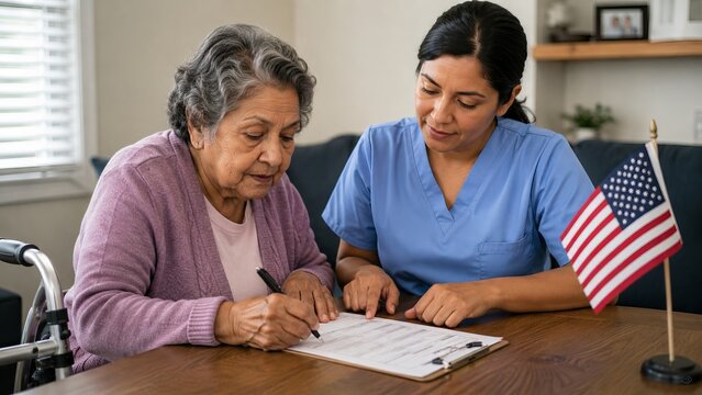 Senior woman filling out voting form with help from caregiver. Assistance for elderly voters in election process, highlighting accessibility and civic engagement in American home