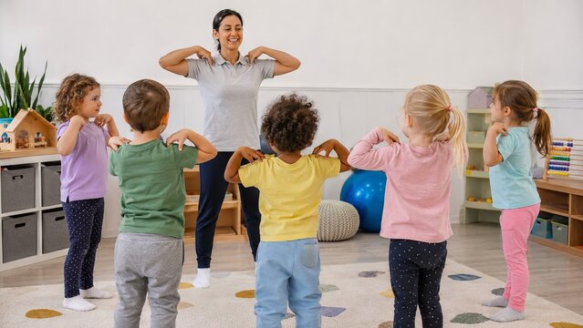Woman teacher leading exercise for group of children in classroom. Preschool kids doing physical activity during school break. Active morning movement session for education development