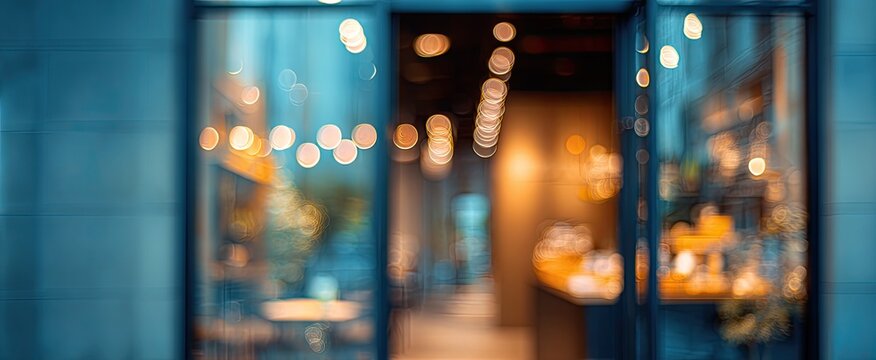 A blurred view through a storefront window showcases warm, inviting bokeh lights against a cool blue exterior.
