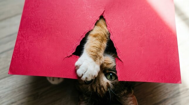 Playful Calico Cat Peeking Through Torn Red Paper with Paw Extended, Captivating Green Eyes Glimpse