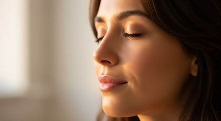 Fototapeta premium Woman Closing Eyes in Peaceful Indoor Setting with Soft Warm Lighting