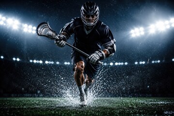 Naklejka premium Lacrosse player charging through rain under arena lights. Concept for field sport aggression, speed, endurance, game day energy and sports advertising. 