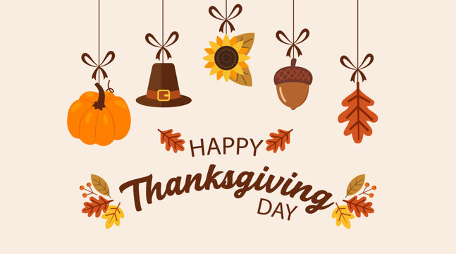 Happy thanksgiving day celebration with hanging autumn objects
