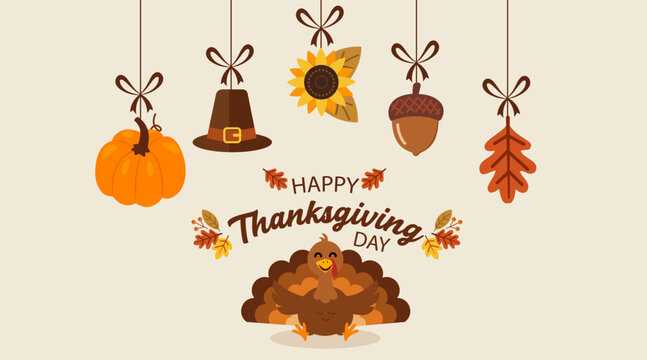 Happy thanksgiving day illustration with festive autumn elements and a cheerful turkey