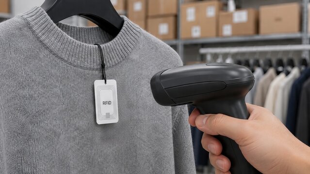 Worker scanning rfid tag on clothing in warehouse. Inventory management process with digital barcode reader. Retail logistics technology for tracking garment stock and supply chain control