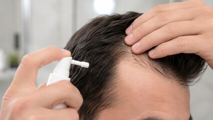 Fototapeta premium Man applying medical spray to scalp for hair thinning treatment. Person using hair growth lotion to address hair loss and baldness. Skincare routine and dermatology healthcare concept